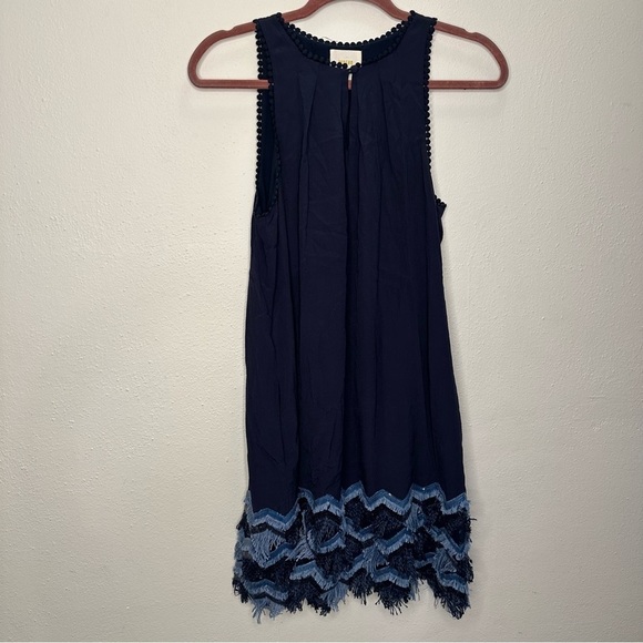 Anthropologie Maeve Shift Dress Sleeveless Navy Blue Sequin Fringe Trim Size 0 - Picture 4 of 13